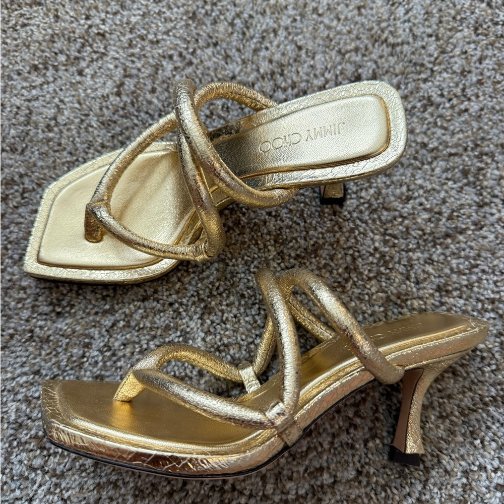 Jimmy Choo Gold Crackled Cape 70 Heeled Strappy Sandals 34 4 Like New - Picture 8 of 10